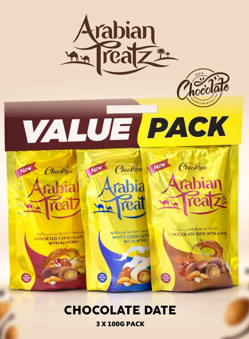 Arabian Treatz Chocomira Arabian Treatz Value Pack – Chocolate Dates with Almonds Assorted – 100% Gluten Free – Premium Middle Eastern Sweets – Gift Pack – 3 x 100g Pouches - Image 1